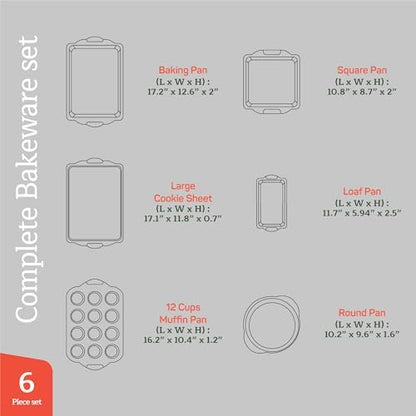 Emporio Kitchen Baking Pan Set - Nonstick Coating, Carbon Steel Bakeware Sets with Gray Silicone Handles, PFOA, PFOS, PTFE Free, Recipe Booklet Included, Oven Safe Tray (Up To 450° F), Set of 6 - Gray