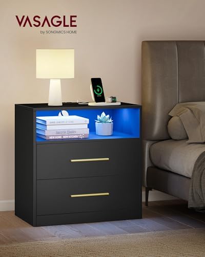 VASAGLE 23.6 Nightstands, LED Lights, Charging Station, 2 Drawers