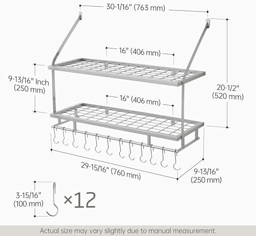 KES 30-Inch Silver Gray Pot Rack Wall Mounted, 100 Lbs Capacity