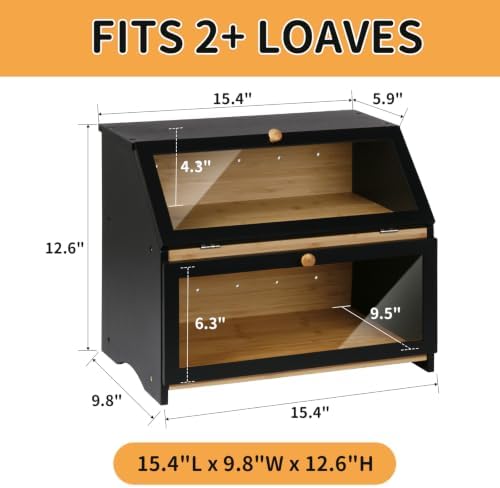 HOMEKOKO Double Layer Wooden Bread Box, Keep Bread Fresh Longer, Black