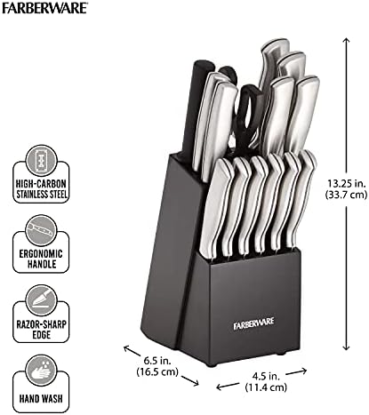 Farberware 15-Piece Kitchen Knife Set, High-Carbon Stainless Steel Blades with Wood Block, Steak Knives, Sharpening Tool & All-Purpose Shears, Razor Sharp, Ergonomic Stainless Steel Handles