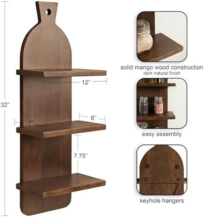 Kate and Laurel Braxton Modern Farmhouse Three-Tier Wall Shelf, 12 x 7 x 32, Natural Brown, Transitional Tiered Wood Display Shelf for Kitchen Spice Rack
