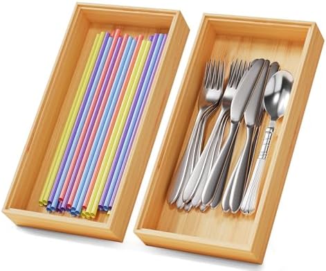 Bamboo Kitchen Drawer Organizer Boxes 12" x 6" Stackable Wooden Organizers