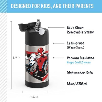 THERMOS FUNTAINER Water Bottle with Straw, 12oz, Spiderman