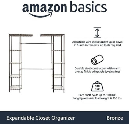 Amazon Basics Expandable Metal Hanging Closet Organizer and Storage Rack Wardrobe with Shelves, 57-80''L x 14''W x 72''H, Bronze