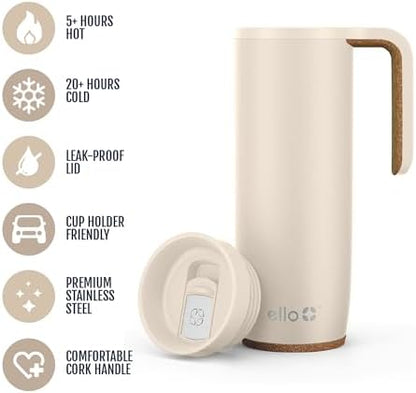 Ello Magnet 18oz Insulated Stainless Steel Travel Mug with Handle, Limestone, 18 Ounces (Pack of 6)