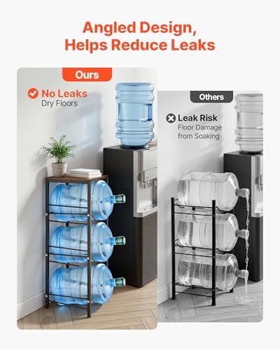 VEVOR 5 Gallon Water Jug Holder for 3 Bottles, 4-Tier 3 or 5 Gallon Water Bottle Holder with Top Shelf, Handle, Heavy Duty Jug Rack Organizer, Detachable for Kitchen, Home, Office, Black+Brown