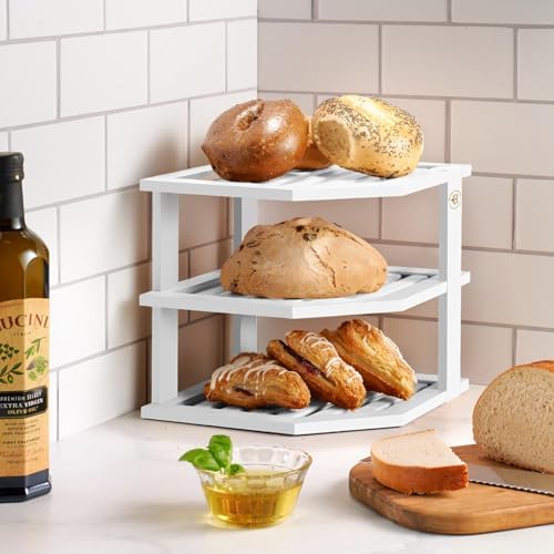 Bambüsi White 3-Tier Corner Shelf, Kitchen Cabinet Organizer, Bamboo Rack
