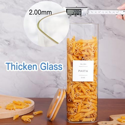 CZZGSM 3 Pack Square Kitchen Storage Jars with Airtight Bamboo Lids and 132 Pantry Labels - 80oz Glass Canisters with Wood Lids - Food Storage Containers for Spaghetti, Pasta, Fettuccine