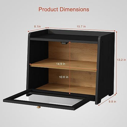 Goozii Bread Box for Kitchen Countertop, 2 Tier Large Breadbox Modern Black