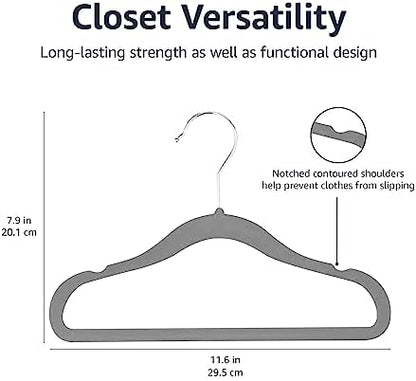 Amazon Basics Kids Velvet, Non-Slip Clothes Hangers for Infant and Toddler, 11.6 inches (for Baby Clothes), Gray (Pack of 4)