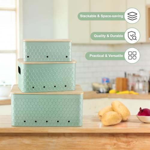 Kitchen Vegetable Storage Set of 3, Metal Onion Garlic Potato Storage Set, Kitchen Canisters Vegetable Keeper Containers with Aerating Holes and Bamboo Lid,Embossed Saga Green
