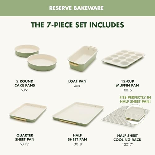 GreenPan Bakeware Set, 7 Piece Nonstick Ceramic Gold Handle Baking Sheets, Cake Pans, Loaf Pan, Muffin Tin, Cooling Rack, PFAS & BPA Free, Freezer to Oven Dish, Bake & Roast Ovenware, Sage Green