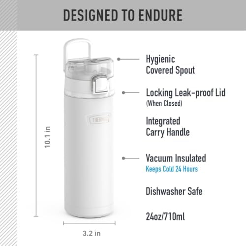 THERMOS ICON SERIES, Stainless Steel Water Bottle with Spout - 24 Ounce, White - Vacuum Insulated Water Bottle with Lid