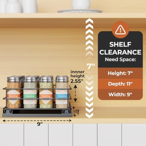 Mystozer Pull Out Spice Rack Organizer for Cabinet, Slide Out Spice Racks, Easy to Install Spice Cabinet Organizers, 8.46" Wx10.43 Dx3.44 H, 1 Drawer 1 Tier(Black)