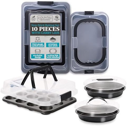 Country Kitchen Baking Pans Set - 10 Piece Non-Stick Cake Pans with Carry Lids for Easy Storage & Travel, Perfect for Parties - Stackable, Black