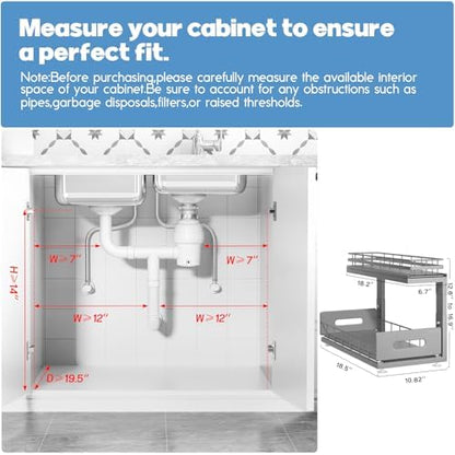 Under Sink Organizer Upgrade To Professional Rails,2-Tier Dual Pull Out Cabinet Storage,Height Adjustable Slide Out Drawers For Bathroom Kitchen,2 Pack-18.5"Dx12.8"-16.9"H,Gun Gray