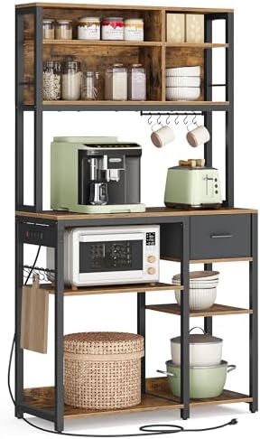 VASAGLE Bakers Rack with Charging Station, Coffee Bar, 12 Hooks