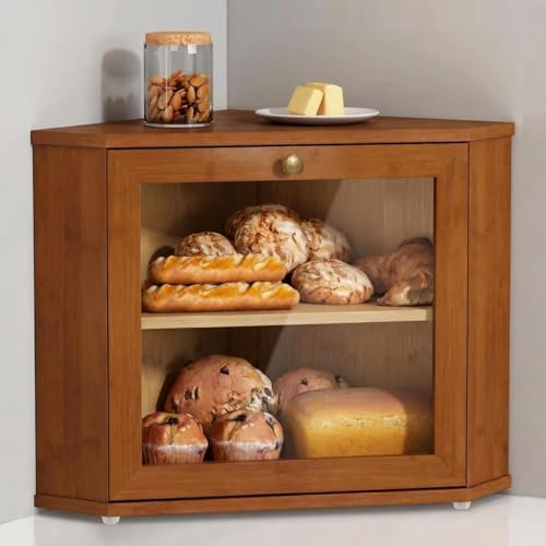 Goozii Walnut Brown Corner Bread Box for Kitchen Countertop, Double Layer Breadbox for Homemade Sourdough Bread, Dark Wooden Vintage Kitchen Counter Cabinet for Baked Goods, Tea, Coffee Beans