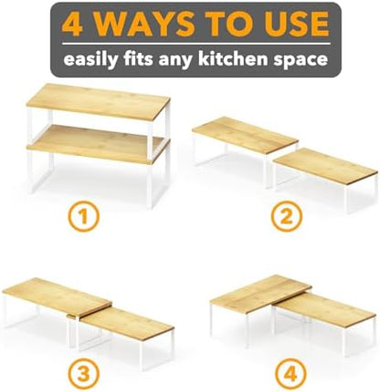 SpaceAid Cabinet Shelf Organizers 2 Pack, Kitchen Counter Rack Shelves Riser, Stackable Expandable Spice Rack, Pantry Cupboard Storage Organization (White and Natural, Long)