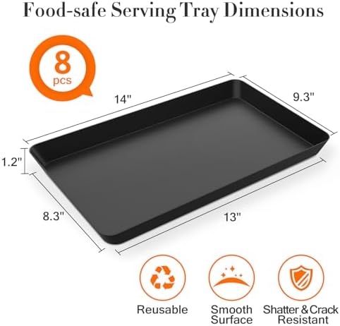 WOWBOX 8 pcs Serving Tray for Entertaining, Serving Platters for Snacks, Fruit, Cookies, Dessert, Reusable Plastic Trays for Serving Food and Pantry Organization in Kitchen & for Parties, (Black)