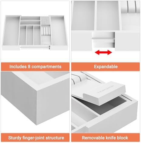 TIOPGHAD Expandable Bamboo Silverware Drawer Organizer Kitchen Tray, White