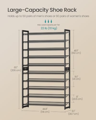 SONGMICS Metal Shoe Rack, 10-Tier Shoe Orgainzer, Holds 50-60 Pairs