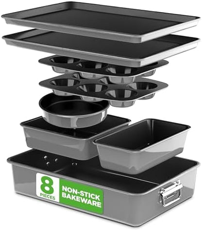 NutriChef 8-Piece Nonstick Stackable Bakeware Set - PFOA, PFOS, PTFE Free Baking Pans Set w/Non-Stick Coating, 450°F Oven Safe, Round Cake, Loaf, Muffin, Wide/Square Pans, Cookie Sheet (Gray)