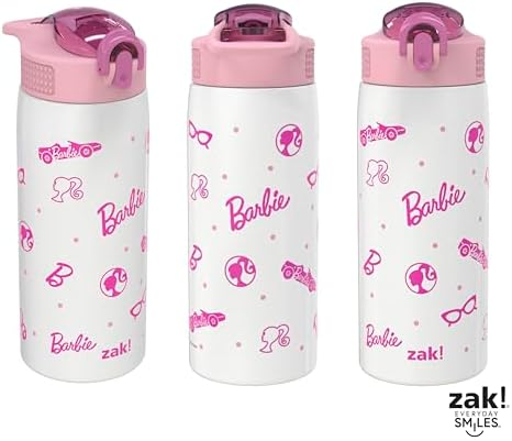 Zak Designs Barbie Porter Water Bottle for Travel and At Home, 19 oz Vacuum Insulated Stainless Steel with Locking Spout Cover, Built-In Carrying Loop, Leak-Proof Design (Barbie)