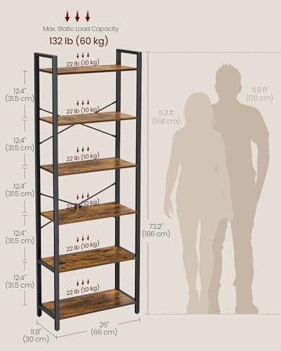 VASAGLE 6-Tier Bookshelf, Bookcase with Steel Frame, Book Shelf for Living Room, Home Office, Study, 11.8 x 26 x 73.2 Inches, Industrial Style, Rustic Brown and Ink Black ULLS062B01