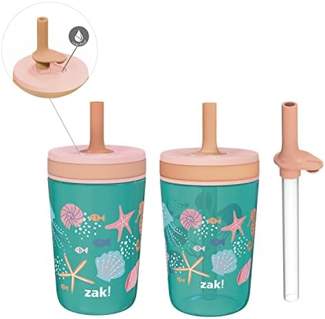Zak Designs Shells Kelso Tumbler Set, Leak-Proof Screw-On Lid with Straw, Bundle for Kids Includes Plastic and Stainless Steel Cups with Bonus Sipper (3pc Set, Non-BPA)