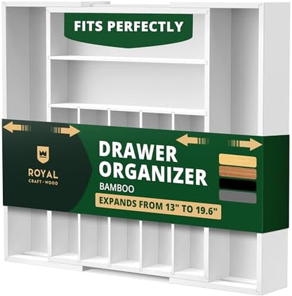 ROYAL CRAFT WOOD Luxury Bamboo Kitchen Drawer Organizer - Silverware Organizer - Utensil Holder and Cutlery Tray with Grooved Drawer Dividers for Flatware and Kitchen Utensils (9 Slot, White)