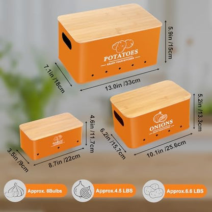 Kitchen Vegetable Storage Set of 3, Metal Onion Garlic Potato Storage Set, Kitchen Canisters Vegetable Keeper Containers with Aerating Holes and Bamboo Lid,Orange