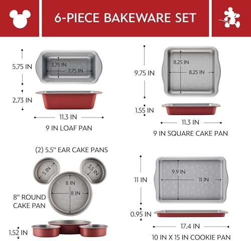 Farberware Disney Bake with Mickey Mouse Nonstick Bakeware Cake Pans, Baking Sheet, and Loaf/Meatloaf Pan, 6 Piece Non Stick Bakeware Set - Red