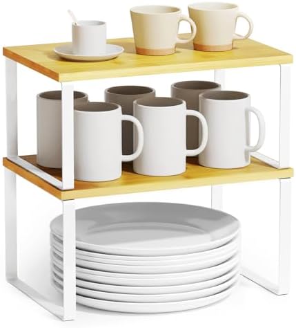 SpaceAid Cabinet Shelf Organizers 2 Pack, Kitchen Counter Rack Shelves Riser, Stackable Expandable Spice Rack, Pantry Cupboard Storage Organization (White and Natural, Short)