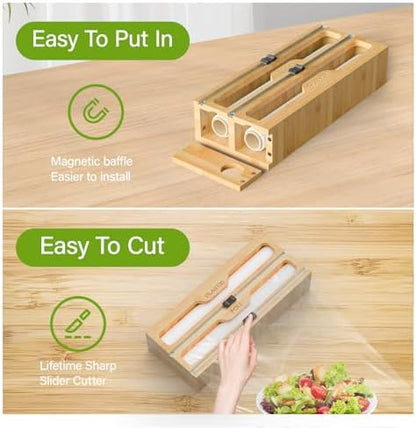 KOCWELL Bamboo Bag Storage Organizer - 2 Wrap Dispenser with Cutter & 4 Slots Food Storage Bags Container - Kitchen Drawer Plastic Bags Storage Organization for Gallon Quart Sandwich Snack Bags