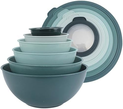 COOK WITH COLOR Mixing Bowls with TPR Lids - 12 Piece Plastic Nesting Bowls Set includes 6 Prep Bowls and 6 Lids, Microwave Safe Mixing Bowl Set (Teal)