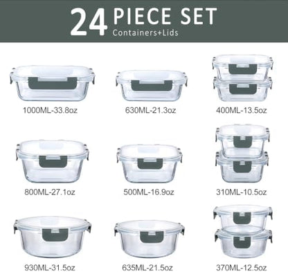M MCIRCO 24 Piece Glass Food Storage Containers with Lids,Gray