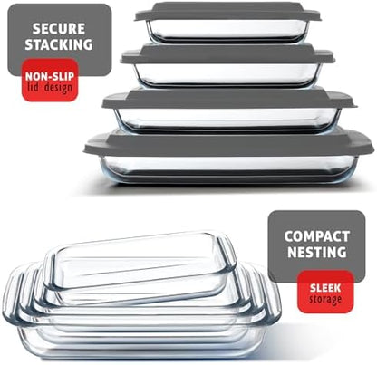 EATEX 16-Piece Deep Glass Casserole Dishes for Oven with Plastic lids, Rectangular Glass Baking Dish Set, Baking Pans for Lasagna, Leftovers, Cooking, Kitchen, Freezer-to-Oven and Dishwasher, Gray