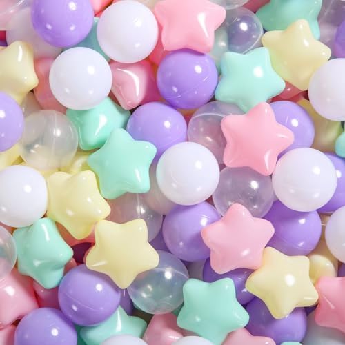 Ball Pit Balls Pack of 100 200 500 - Star and Round Set BPA Free Phthalate Free Non-Toxic Crush Proof Play Balls Soft Plastic Balls for Toddlers Baby Kids Birthday Pool Tent Party