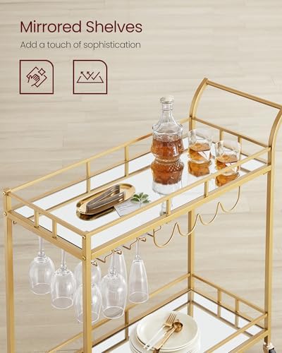 VASAGLE Bar Cart with 2 Mirrored Shelves, Wine Holders, Glass Holders