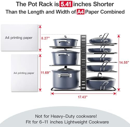 ORDORA Pots and Pans Organizer Under Cabinet 14.6", 8-Tier Adjustable Rack