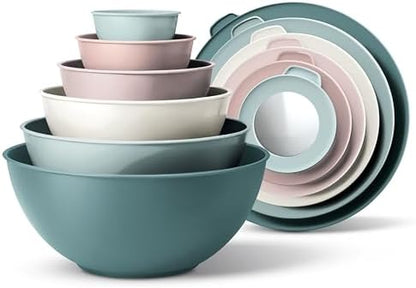 COOK WITH COLOR Mixing Bowls with TPR Lids - 12 Piece Plastic Nesting Bowls Set includes 6 Prep Bowls and 6 Lids, Microwave Safe (Teal)