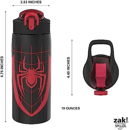 Zak Designs Marvel Spider-Man Water Bottle for Travel and At Home, 19 oz Vacuum Insulated Stainless Steel with Locking Spout Cover, Built-In Carrying Loop, Leak-Proof Design (Miles Morales)