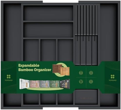 TIOPGHAD Expandable Bamboo Silverware Drawer Organizer Kitchen Tray, Black
