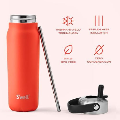 S'well Recycled Stainless Steel Explorer with Flip Straw Lid, 24oz, Radiant Coral, Triple Layered Vacuum Insulated Container Keeps Drinks Cold for 36 Hours and Hot for 8, BPA Free, Built In Handle