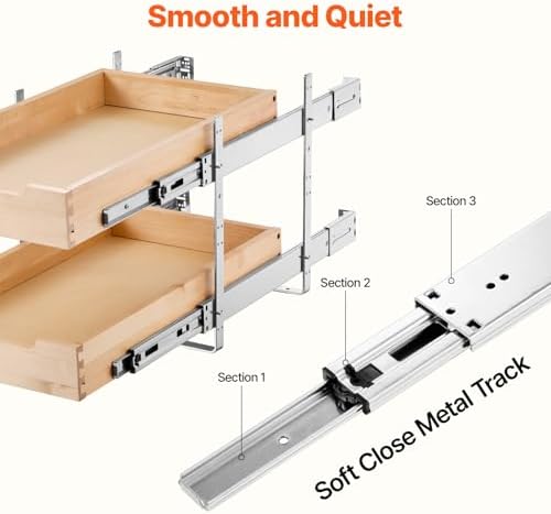 VEVOR 2 Tier Pull Out Cabinet Organizer, 14" W x 21" D Cabinet Drawer, Soft Close Slide out Shelf, Heavy-Duty Sliding Wood Drawer, Adjustable Base Cabinet Organization for Kitchen Pantry Bathroom