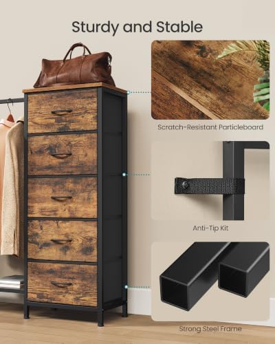 SONGMICS Dresser with Hanging Rod, 5 Fabric Drawers, Bottom Shelf
