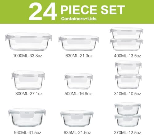 M MCIRCO 24-Piece Glass Food Storage Containers with Upgraded Snap Locking Lids,Glass Meal Prep Containers Set - Airtight Lunch Containers, Microwave, Oven, Freezer and Dishwasher,White