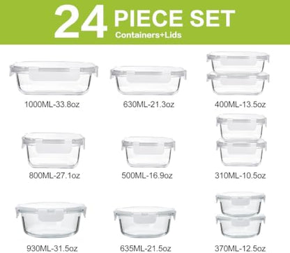 M MCIRCO 24-Piece Glass Food Storage Containers with Upgraded Snap Locking Lids,Glass Meal Prep Containers Set - Airtight Lunch Containers, Microwave, Oven, Freezer and Dishwasher,White